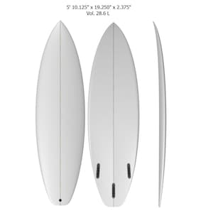 May include: A white surfboard with a single fin, measuring 5' 10.125" x 19.250" x 2.375" with a volume of 28.6 L.