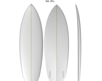 May include: A white Lane Splitter surfboard with a central wood stringer, measuring 177.8 cm x 50.8 cm x 6.83 cm with a volume of 34 L. The board is shown from the top, bottom, and side profiles, featuring two fin boxes on the bottom surface.