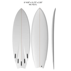 May include: A white surfboard, 6 feet long, 21.75 inches wide, and 2.56 inches thick, with a volume of 42.0 liters. The board features a rounded nose and tail, with a fin setup on the bottom. The text on the image reads: 6' 4.00" x 21.75" x 2.56" Vol. 42.0 L.