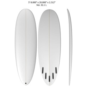 May include: White surfboard with a single fin, measuring 5' 8.000" x 20.000" x 2.312" with a volume of 32.1 L.