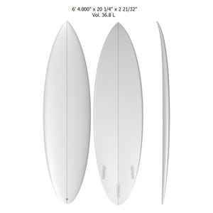 May include: A white surfboard with a single fin, measuring 6' 4" x 20 1/4" x 2 21/32" with a volume of 36.8 liters.