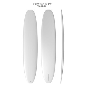 May include: A white surfboard with dimensions of 9' 6.00" x 23" x 3 1/8" and a volume of 78.8 liters.