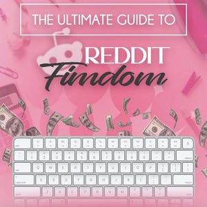Op de afbeelding: Een roze en witte afbeelding met de tekst "Miss Blade's Boudoir The Ultimate Guide To Reddit Fimdom" en een toetsenbord met dollarbiljetten die erop vallen.