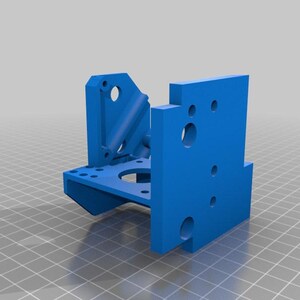May include: A blue 3D printed plastic part with multiple holes and a small gear. The part is designed for a 3D printer.
