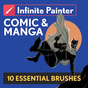 May include: A digital illustration of a black superhero character in a white cloak, holding a knife, with a blue background and the text "Infinite Painter COMIC & MANGA 10 ESSENTIAL BRUSHES".