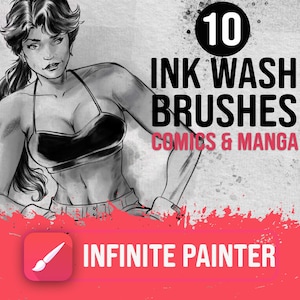 May include: Black and white illustration of a woman in a black top, with the text "10 Ink Wash Brushes Comics & Manga" and "Infinite Painter" on a pink background. A paintbrush icon is also present.