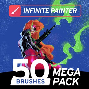May include: Digital art illustration featuring a female figure with red hair, wearing a black jacket and holding a rifle. The image includes the text "INFINITE PAINTER" and "50 MEGA BRUSHES PACK" on a blue background with green smoke effects.