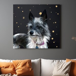 Elegante retrato de mascota personalizado impreso en lienzo con fondo de Estrellas