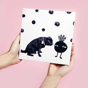 Divertido retrato de mascota, monumento al perro impreso en lienzo doodle perro gato ilustración 20x20 cm