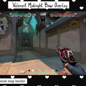 May include: A first-person view of a video game, Valorant, with a red and white gun in the foreground. The game's interface shows the player's health, ammo, and the timer. The background shows a hallway with a statue of a woman in a white dress. The text "Valorant Midnight Bow Overlay" is displayed at the top of the image.
