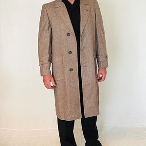 1960s Mens Virgin Wool Tweed Overcoat, Custom Tailored, Hand-Stitched, Tweed, 42L Approx, USA