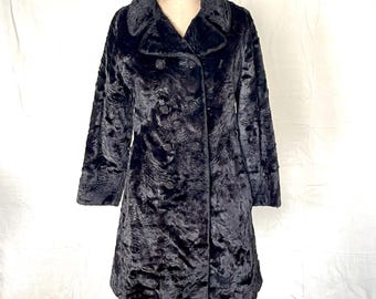 Fabulous 1960s Faux Fur Women’s Coat, Curly Lamb Vintage Coat, Double breasted, Black fur Pea Coat, martingale back, Size Small to Medium