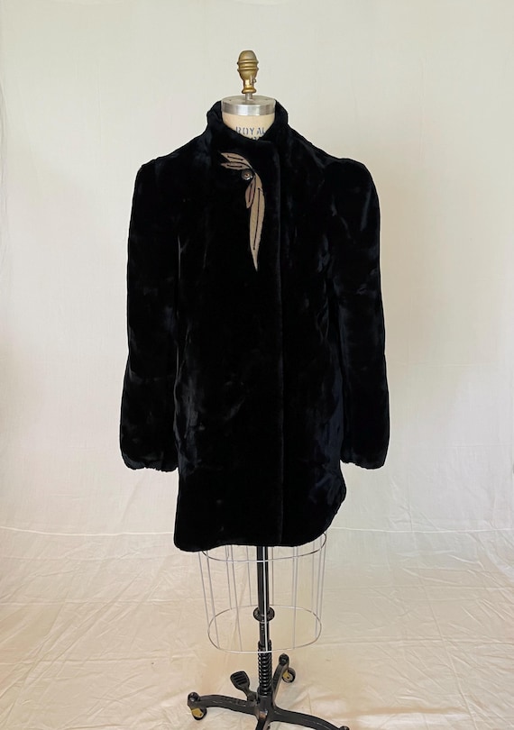 1980s Faux Fur Women’s Coat, leather accent, Black fake fur, Vintage Coat,  LOOKS GREAT ON Small to Medium, by Borgazia