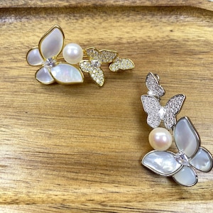 Freshwater Pearl Butterfly Brooch: Sterling Silver, Zircon & Shell