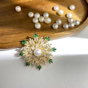 Handmade Snowflake Pearl Brooch: Green Quartz, Sterling Silver