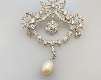 Pearl Brooch Pendant: Copper-gilt Pin, Zircon & Freshwater Pearl, Mother's Day Gift For Her