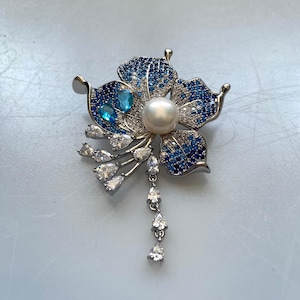 Freshwater Pearl Brooch: Sterling Silver Zircon Flower, Victorian Jewelry