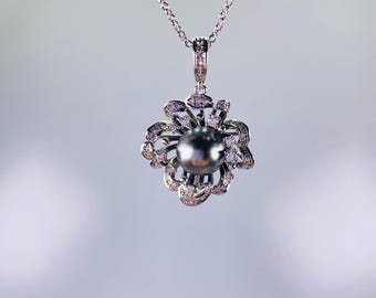 グレーパール ネックレス フラワーモチーフ ヴィンテージグレーパールペンダントネックレス：925シルバーフラワー