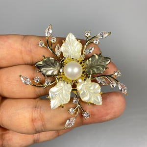 Sterling Silver Pearl Brooch: Shell Filigree, Zircon Accent