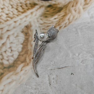 Handmade Sterling Silver Floral Brooch, Baroque Pearl Jewelry , Diamond-Accented Leaves, Vintage Bridal Jewelry, Mother-of-the-Bride Gift