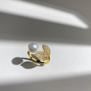 Freshwater Pearl Ring: Gold Leaf, Adjustable Brass Band