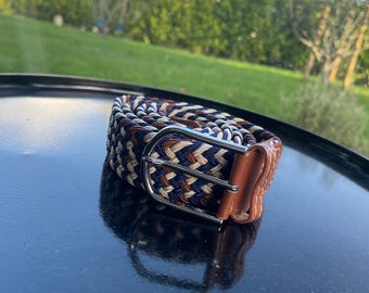 Blue white brown woven cotton belt for men, braided belt, silver buckle, elastic belt, minimalist, blue, brown, white