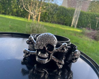 skull patterned belt, black patterned belt, black vintage belt, y2k belt, gothic belt, western belt