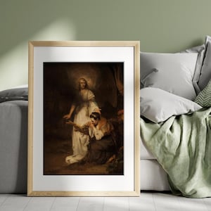 May include: A framed print of a classical painting depicting a woman kneeling before a figure in a white robe. The figure has a halo and is extending a hand. The artwork is set in a dark, cave-like environment.