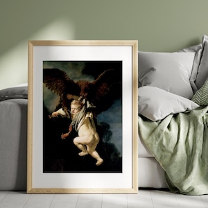 May include: A framed print of a painting depicting a large eagle carrying a small child. The artwork features a dark, dramatic background with the figures in the foreground. The child is nude, and the eagle has a wingspan that dominates the composition.