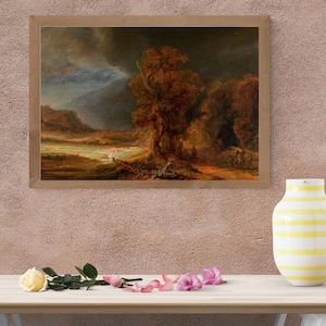 May include: A framed landscape painting with a dark, stormy sky and a river running through a valley. The artwork features warm, earthy tones and is displayed above a table with a vase and flowers.