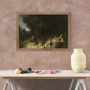 May include: A framed print of a classical painting depicting a group of figures in a forest setting. The artwork features a dark, moody color palette with figures in the water and on the shore. A yellow and white striped vase sits on a table.