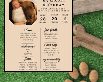 May include: A beige and brown illustrated card with a paw print in the top right corner. The card says "Paul My First Birthday" and includes details about the baby's birth, height, weight, and firsts. The card also includes a photo of the baby with a dog.