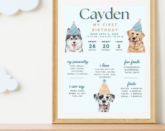 May include: A blue and white printable first birthday poster with a dog wearing a party hat. The poster includes the name Cayden, the date April 2, 2023, and details about the child's height, weight, and teeth. The poster also includes information about the child's personality, favorite foods, and firsts.