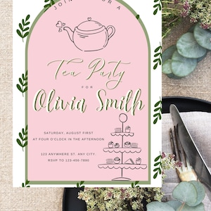 Puede incluir: Una invitación a una fiesta de té en rosa y verde con una tetera, cupcakes y el texto "Join us for a Tea Party for Olivia Smith. Saturday, August First at Four O'Clock in the Afternoon. 123 Anywhere St. Any City. RSVP to 123-456-7890"