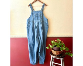 Salopette premaman vintage in denim di cotone, taglia M, blu, plissettata, ampia, prodotta negli Stati Uniti.