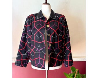 Vintage Alex Kim Embroidered Geometric Blazer Jacket Black Red Gold L Artsy Chic