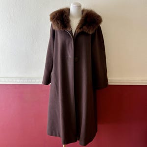 May include: A long, dark brown coat with a fur collar. The coat is buttoned and appears to be made of a soft material. The coat is displayed on a mannequin.