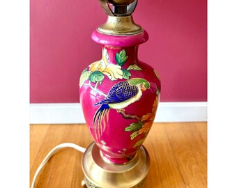 Vintage Magenta Chinoiserie Porcelain Table Lamp Brass 23" Hollywood Regency