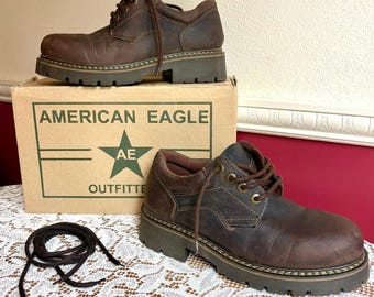 Vintage American Eagle Outfitters Men's 10 Brown Leather Chunky Lug Sole Oxfords