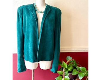Vintage Talbots Teal Green Lamb Suede Leather Open Front Blazer Jacket 10 Pocket