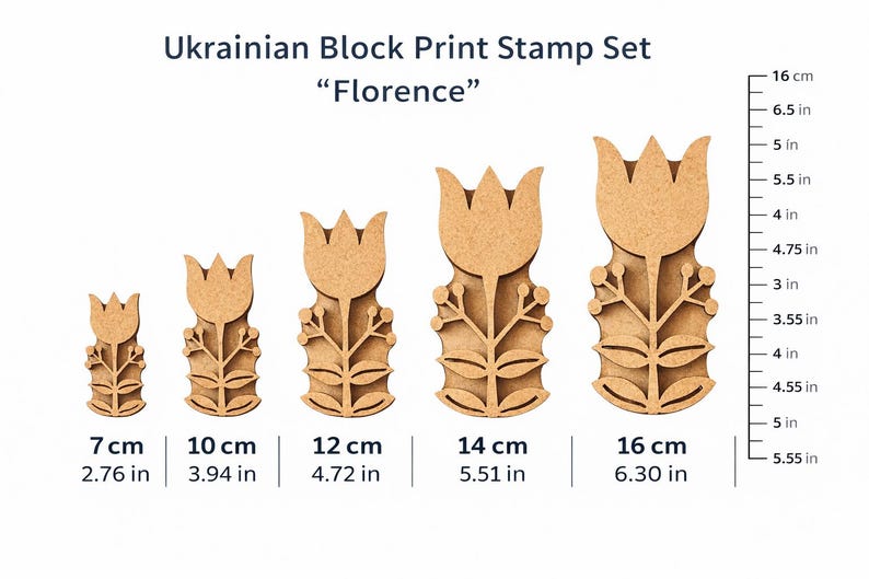 Ukrainian Block Print Stamp Set “Florence 2” | 5 Floral Stamps for Fabric Printing | Ukrainian Handmade Wooden Textile Printing Blocks image 8