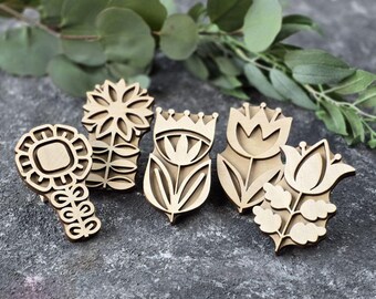 Ukrainian Block Print Stamp Set “Florence 2” | 5 Floral Stamps for Fabric Printing | Ukrainian Handmade Wooden Textile Printing Blocks
