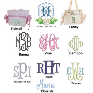 K&ouml;nnte beinhalten: Eine Collage verschiedener Monogrammstile f&uuml;r Taschen. Die Stile umfassen Fishtail, Emma, Vine, Bamboo, RoundedFish Tail, Block, Tuscan und Heirloom White. Die Monogrammstile werden in verschiedenen Farben gezeigt, darunter Gr&uuml;n, Blau, Pink und Grau.