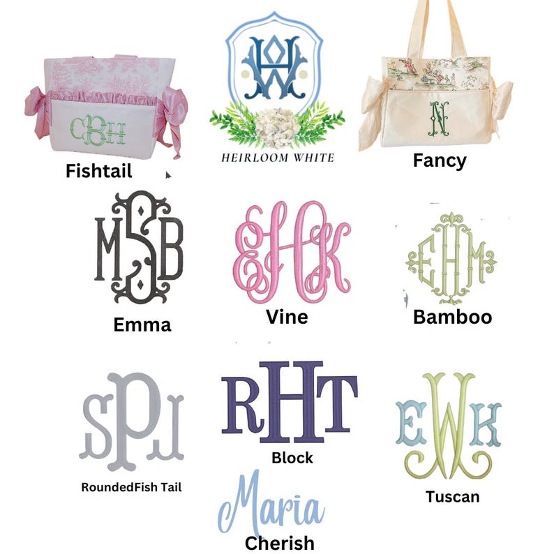 K&ouml;nnte beinhalten: Eine Collage verschiedener Monogrammstile f&uuml;r Taschen. Die Stile umfassen Fishtail, Emma, Vine, Bamboo, RoundedFish Tail, Block, Tuscan und Heirloom White. Die Monogrammstile werden in verschiedenen Farben gezeigt, darunter Gr&uuml;n, Blau, Pink und Grau.