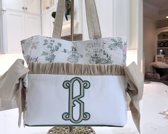 Monogrammed Toile Diaper Bag with Dupioni Silk Bow – Elegant Baby Tote