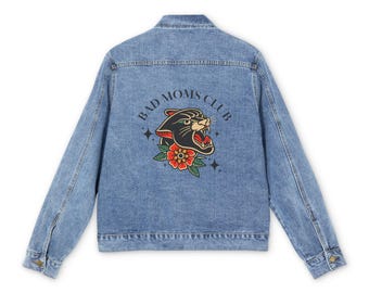 Bad Moms Club Denim Jacket | Panther Graphic Jean Jacket | Cool Mom Aesthetic | Trendy Women’s Statement Jacket