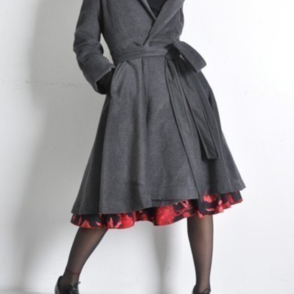 Charcoal Grey Cashmere Wool Blended  Long Victorian Winter Trench Swing Coat