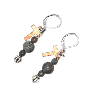 Mixed Metal Copper Cross & Flame Stone Earrings