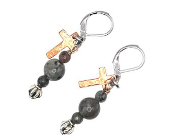 Pendientes de cruz de cobre y piedra de llama de metal mixto