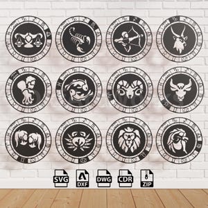 Set of vector drawings for wall decor of the series "Zodiac horoscopes" for laser and plasma cutting (dxf, dwg, cdr, svg), 12 pieces